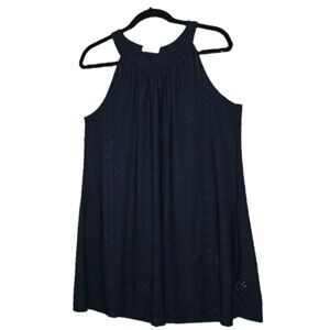 IMAGE Navy Blue Sun Dress Women's Medium Crochet Eyelet Sleeveless High Neck